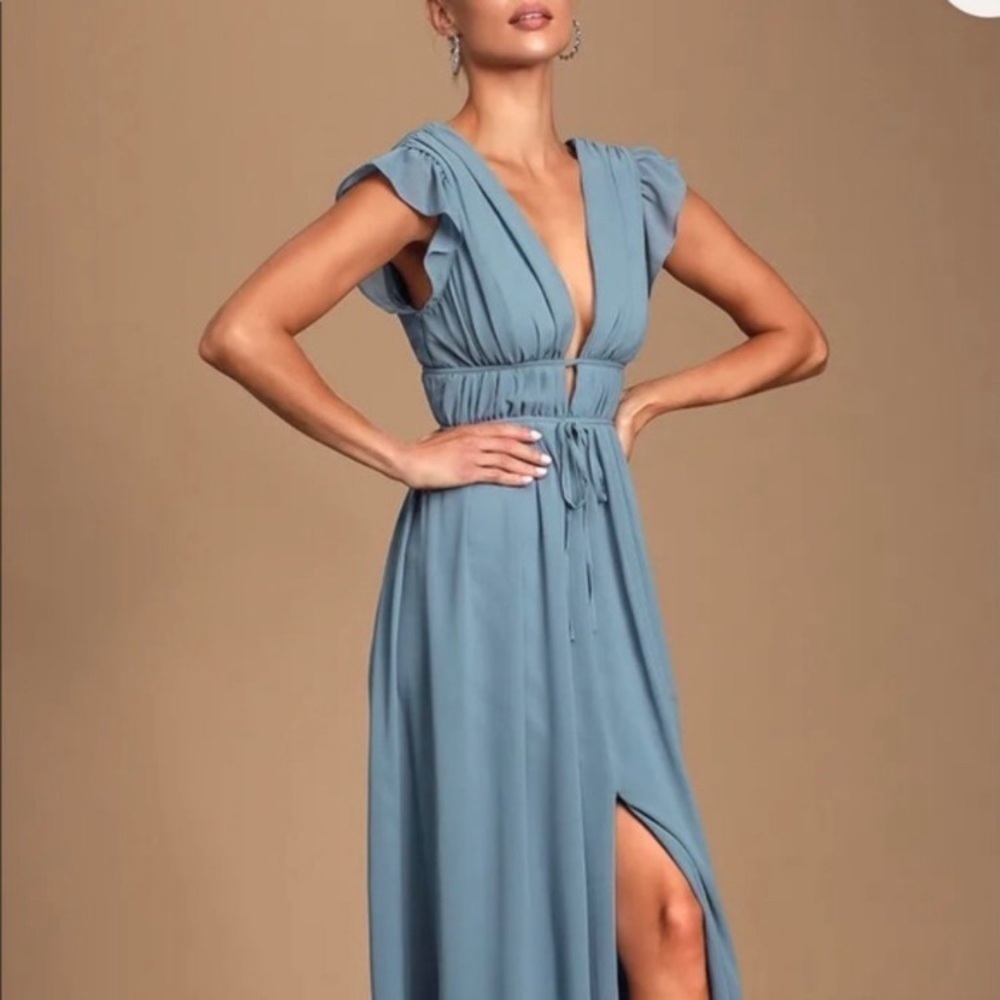Lulu's I'm All Yours Slate Blue‎ Ruffled Maxi Dress Size S